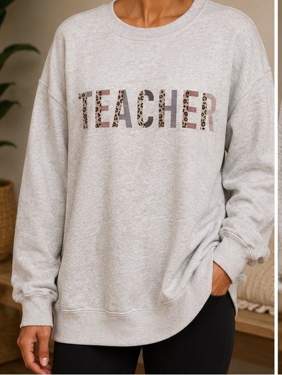 Sweaters - Heather Gray Crewneck with Leopard 'TEACHER' Print XL